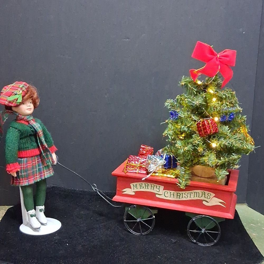 Cute Avon 1991 Girl‎ Pulling A Wagon Full Of Gifts And Lighted Christmas Tree.